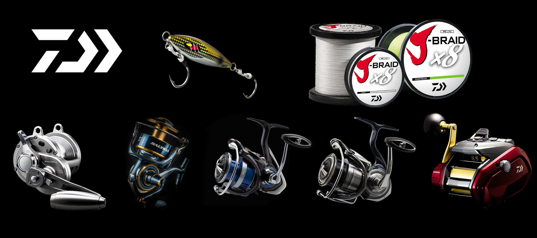 Daiwa logo and various reels, lure, and J-Braid on black background