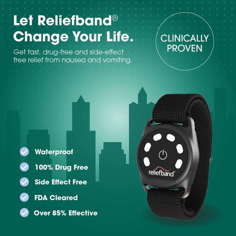 Ad for reliefband Sport in black describing highlights