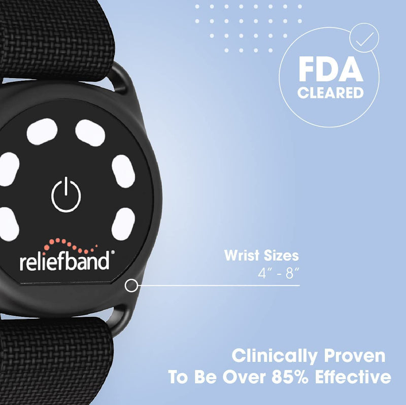 close up of black reliefband sport showing fits wrist sizes 4" to 8" and is FDA cleared and clinically proven to be over 85% effective