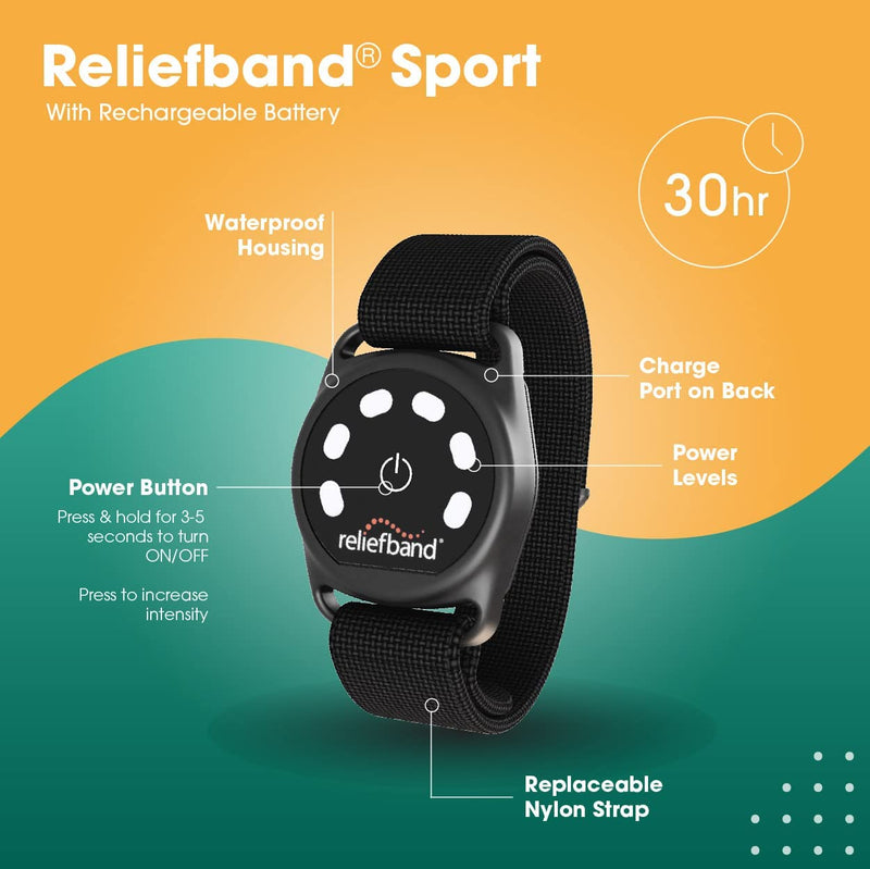 showing features of Reliefband Sport in black
