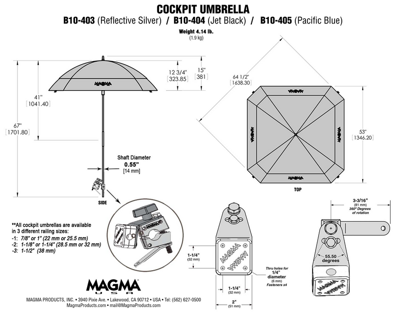 Silver Rail mount Umbrella Measurements