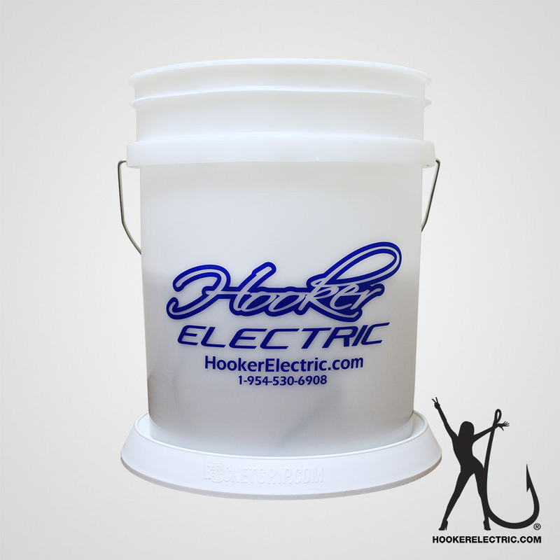 White bucket with blue text