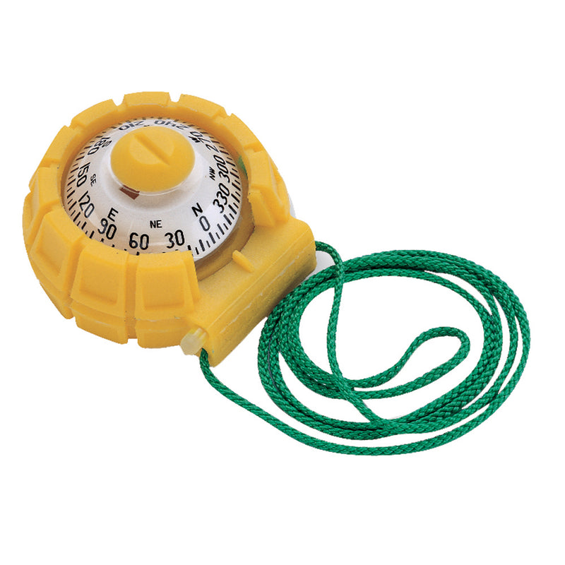 White numberical and lettered compass guage surrounded in yellow housing and green cord.