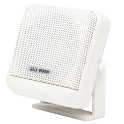 Square white speaker with swivel base and poly-planar logo on the lower center of face.