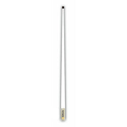 Long white antenna with black top and stainless steel base.
