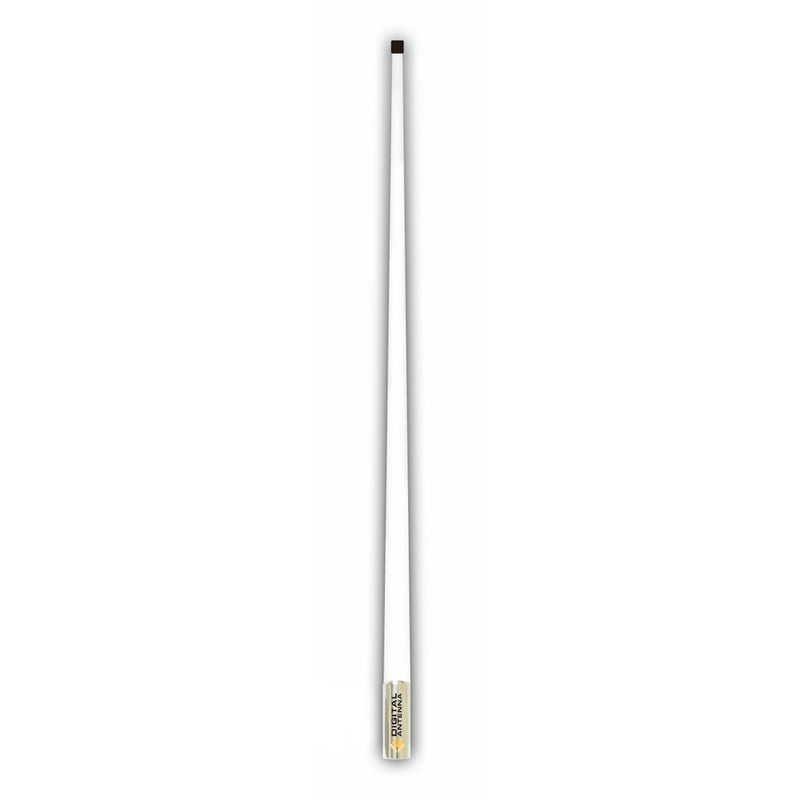 Long white antenna with black top and stainless steel base.