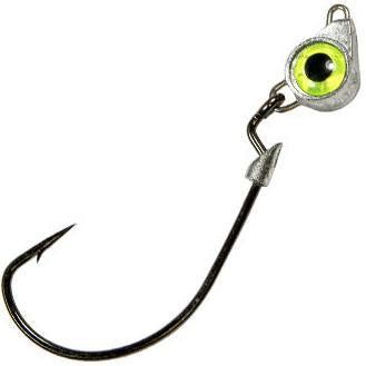 Chartreuse eye within silver base on the top loop of the jig hook.