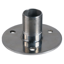 Stainless steel base with fixed center. Top of shaft is serrated to screw on antenna.