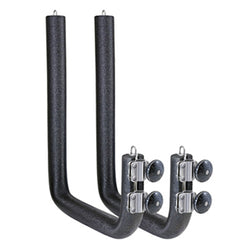 Two, J-shaped racks with each lower elevated shaft with two locks spaced apart.
