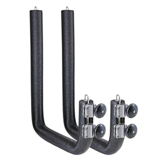 Two, J-shaped racks with each lower elevated shaft with two locks spaced apart.