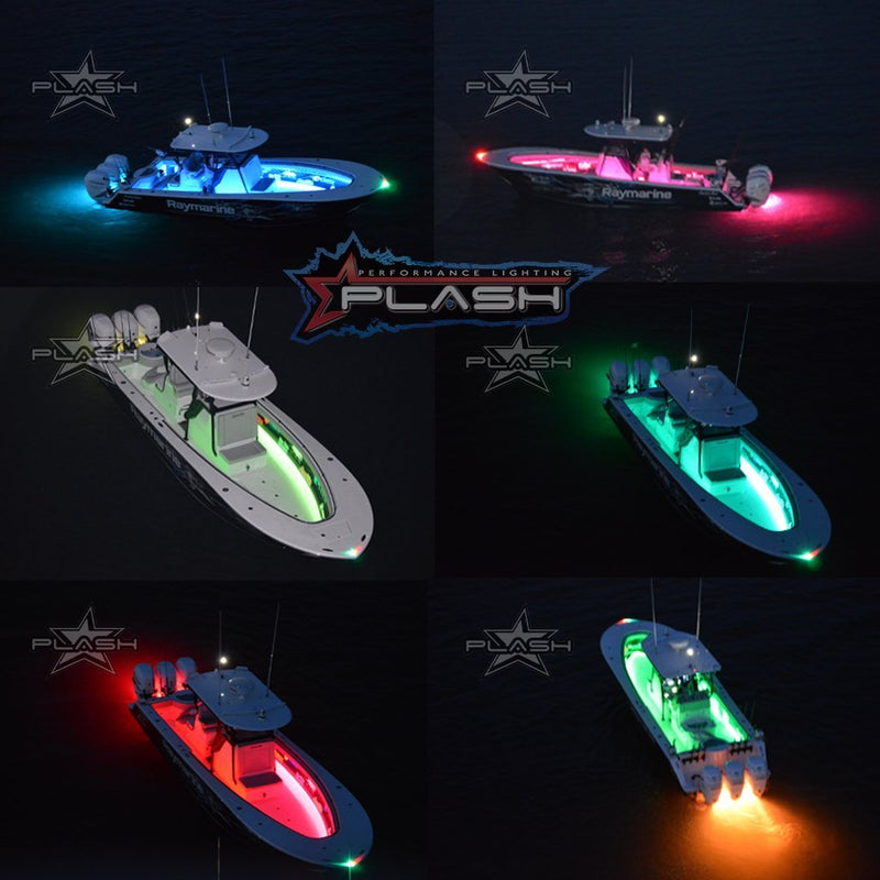 Boat collage with different color lights