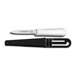 small knife with white handle and black plastic sheath