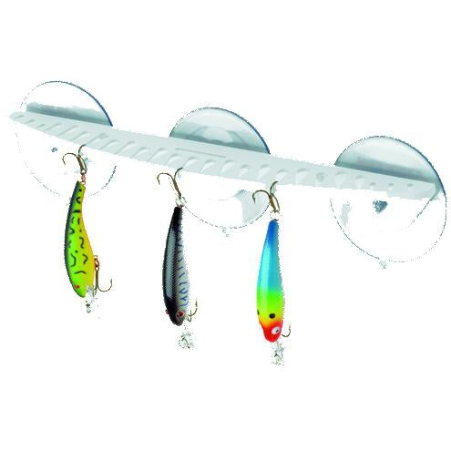 White rack with three lures hanging shown