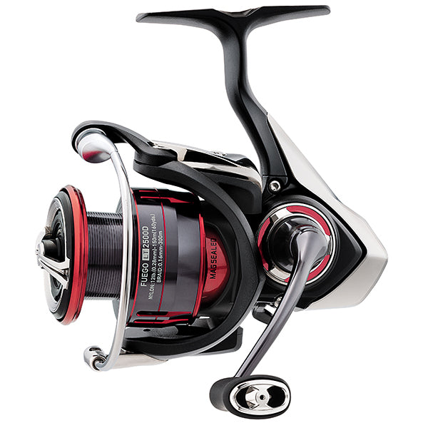 Black reel, silver accents and red-black spool