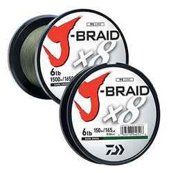 Dark green braid on plastic spool with white sicker and red logo.