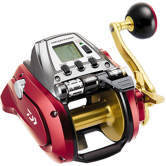 Red sides, gold spool. Silver center with buttons and green LCD. Arm of handle is gold.