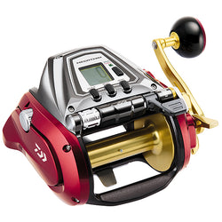 Red sides, gold spool. Silver center with buttons and green LCD. Arm of handle is gold.