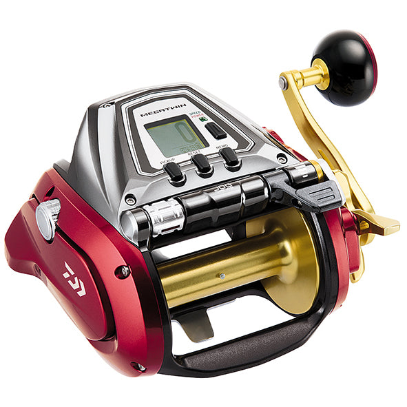 Red sides, gold spool. Silver center with buttons and green LCD. Arm of handle is gold.