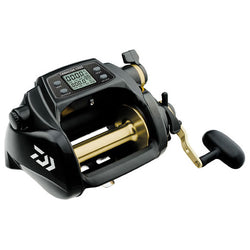 Wide black power reel. Gold spool and handle arm.