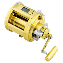 All gold large electric reel. Small green LCD scrreen on top.