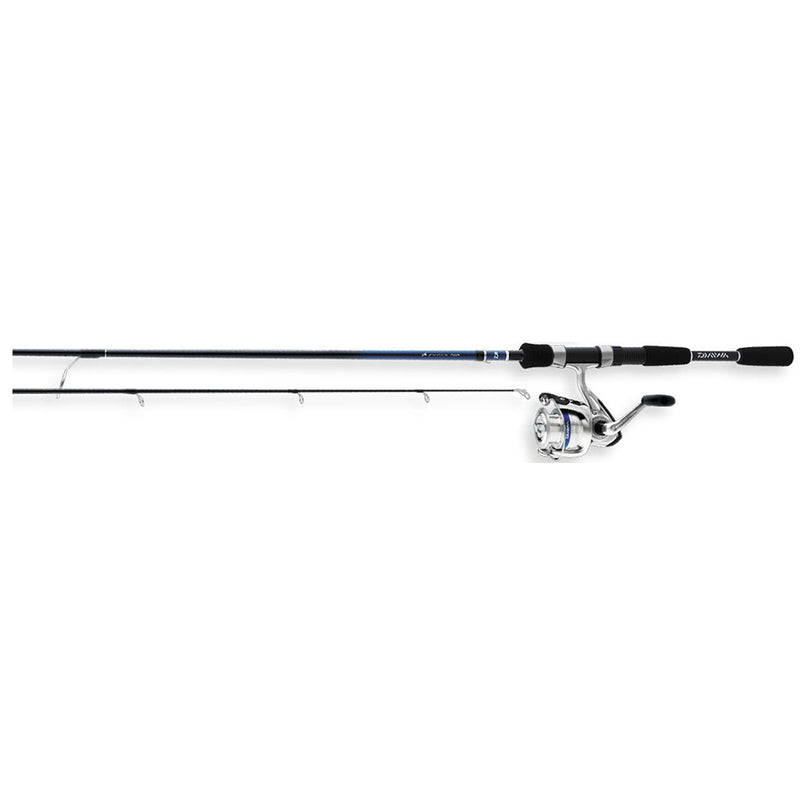 Black grip with rod containing Daiwa logo between two foam portions. Silver spinning reel wth a blue ring around the lower portion of the spool. Black rod.