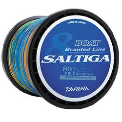 Multi color line on black spool. Label is blue with Saltiga logo.