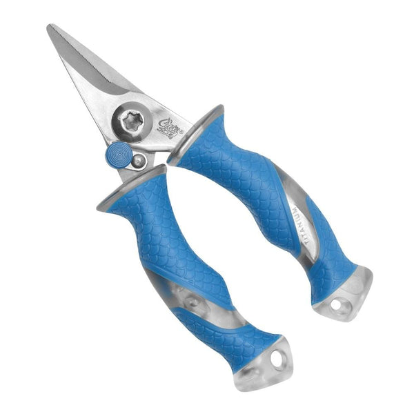 Small sheers with bright blue handles that have transparent portions mid and lower handle.