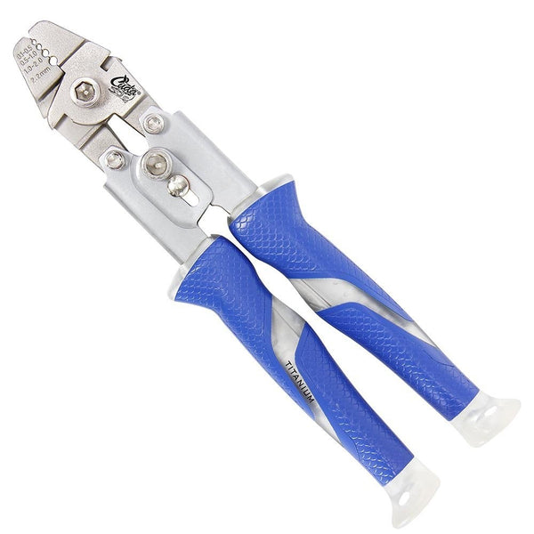 titanium crimpers with blue hand grips
