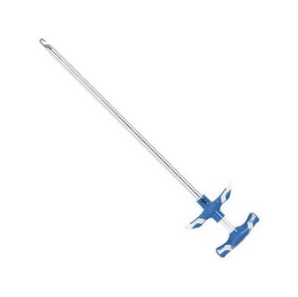Stainless rod with small hook at the end. Blue and transparent handles on lower end.