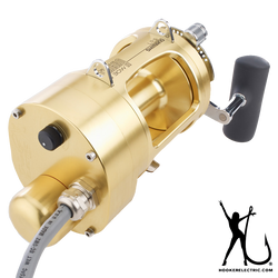 Gold Tiagra Reel with motor on side and grey power cable protruding.