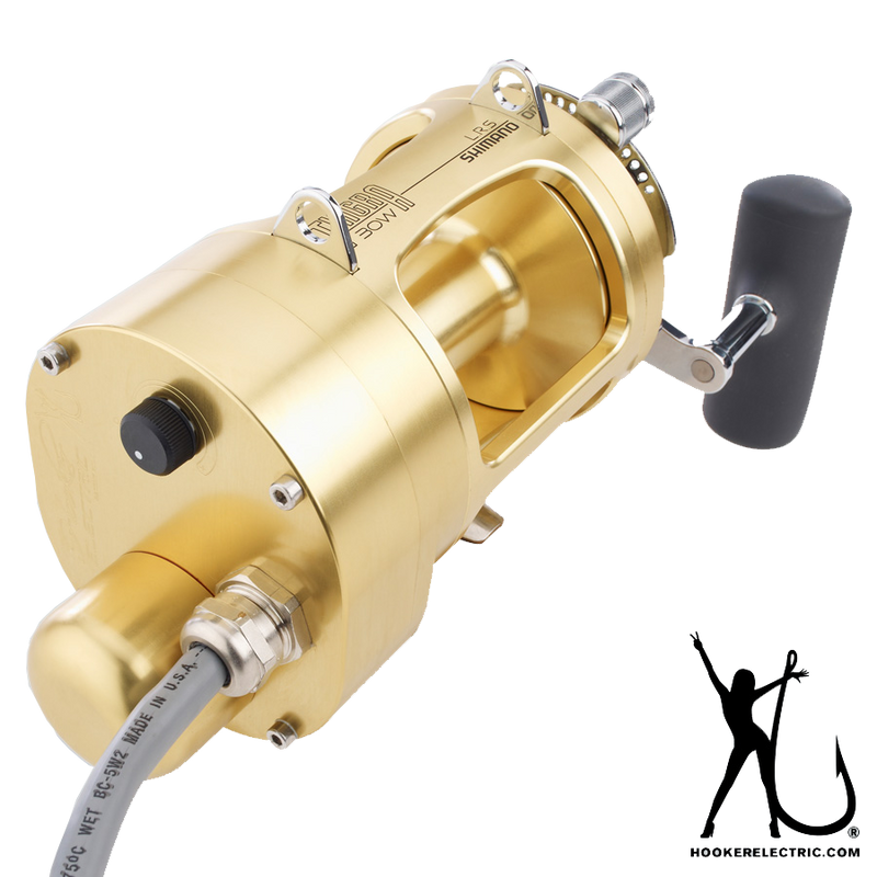 Gold Tiagra Reel with motor on side and grey power cable protruding.