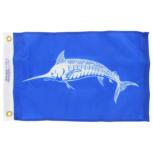 White marlin on blue background flag