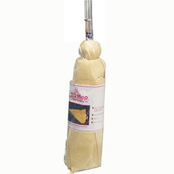 Yellow chamois with aluminum shaft with depressed button to connect to mop handle.