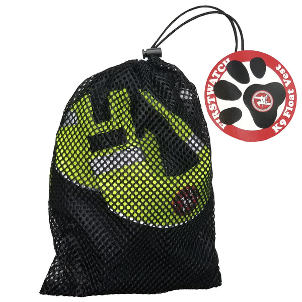 Black net bag with vest visible. Paw print on circular tag attached to end of strap.