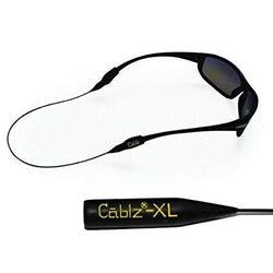 Black sunglasses using retainer with yellow letters on end cap "Cablz-XL"