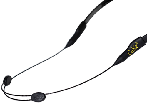 black sunglasses retainer with yellow letters