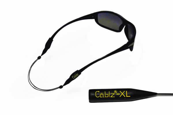 black sunglasses retainer with yellow letters