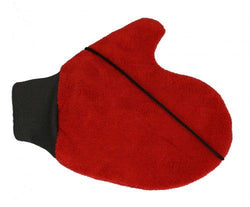 Red mitt with black line going across thumb joint to ring finger