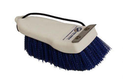Blue and white brush with metal scraper