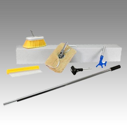 Kit set containing yellow square brush head, flat synthetic wool brush head, Quik Dry blade adapter, universal boat hook, and Quik Dry Water Blade.