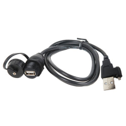 Black cable with one end a femal USB port and right end a male USB head.