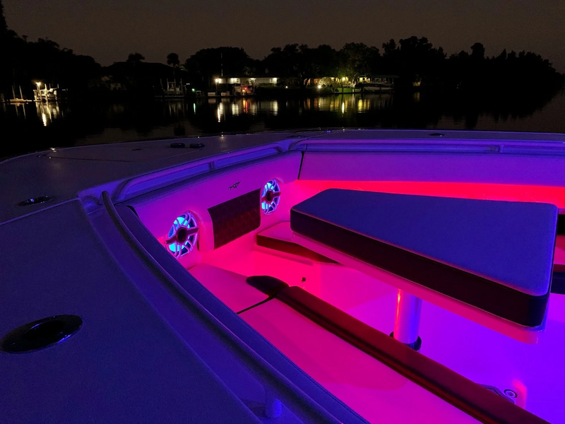 boat shown at night with courtesy lights