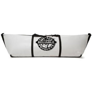 Long white bag with black trimming and company logo.