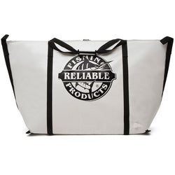 Tall and stout white bag with black trim and company logo in center.