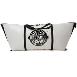 Wide white bag with black trim and large company logo.
