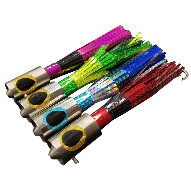 Four fishing lures with chrome heads and different colored skirts
