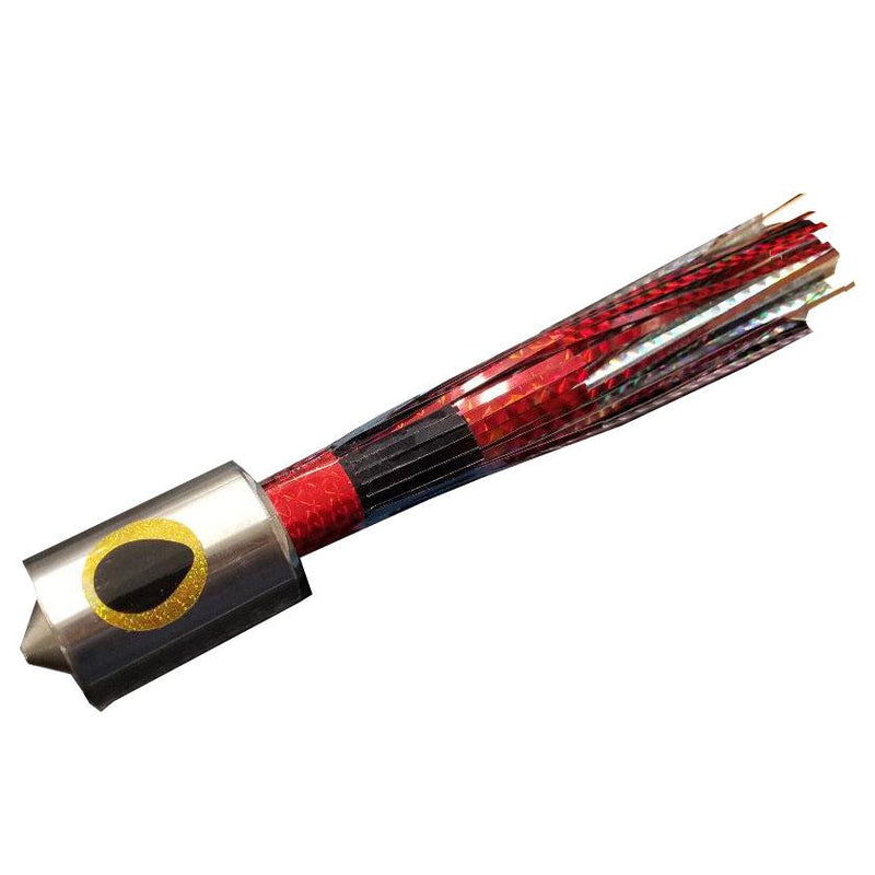 Fishing lure with chrome head, yellow and black eyes, and red and silver skirt