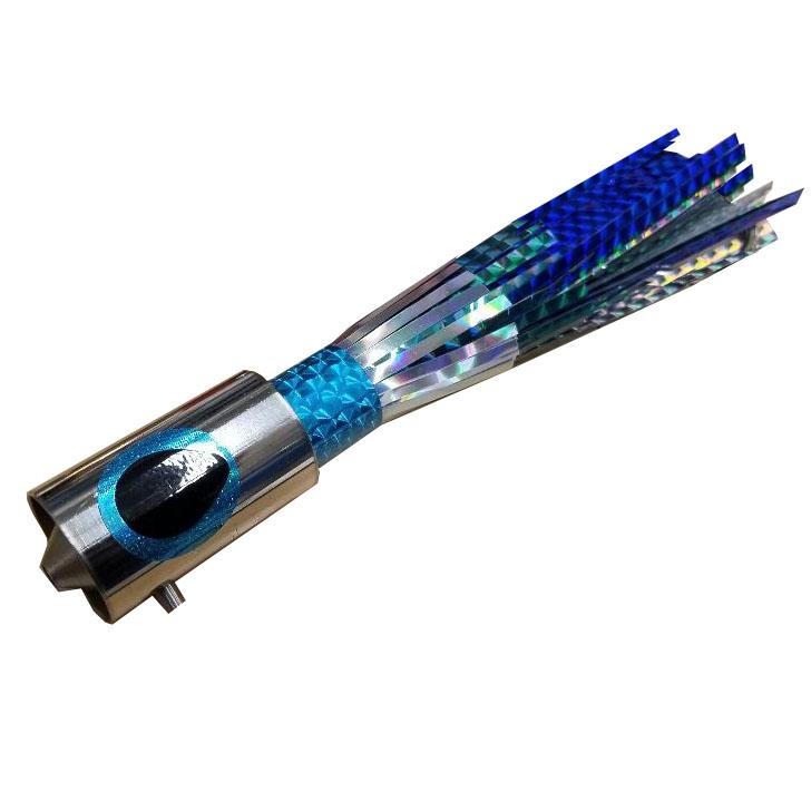 Fishing lure with chrome head, yellow and black eyes, and blue and silver skirt