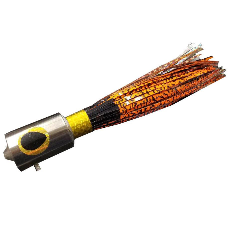Fishing lure with chrome head, yellow and black eyes, and orange and tiger print skirt