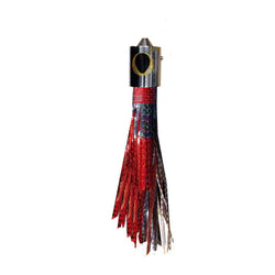 Fishing lure with chrome head, yellow and black eyes, and red and silver skirt